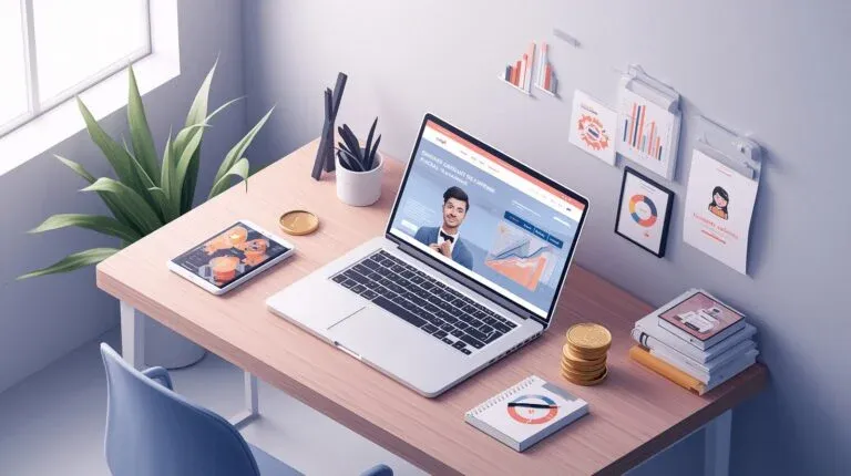 Zzp’er kijkt bezorgd naar een rommelige website op laptop, met visuele fouten zoals gebroken links, waarschuwingssymbolen en slordig design. Tekst op beeld: ‘Voorkom deze 7 fouten op je zzp-website’.