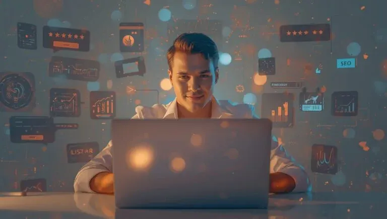 Klanten via zzp website aantrekken zonder advertenties. Zzp’er werkt aan laptop met pictogrammen voor SEO, reviews en blogs. Tekst op beeld: ‘Meer klanten zonder advertenties’.