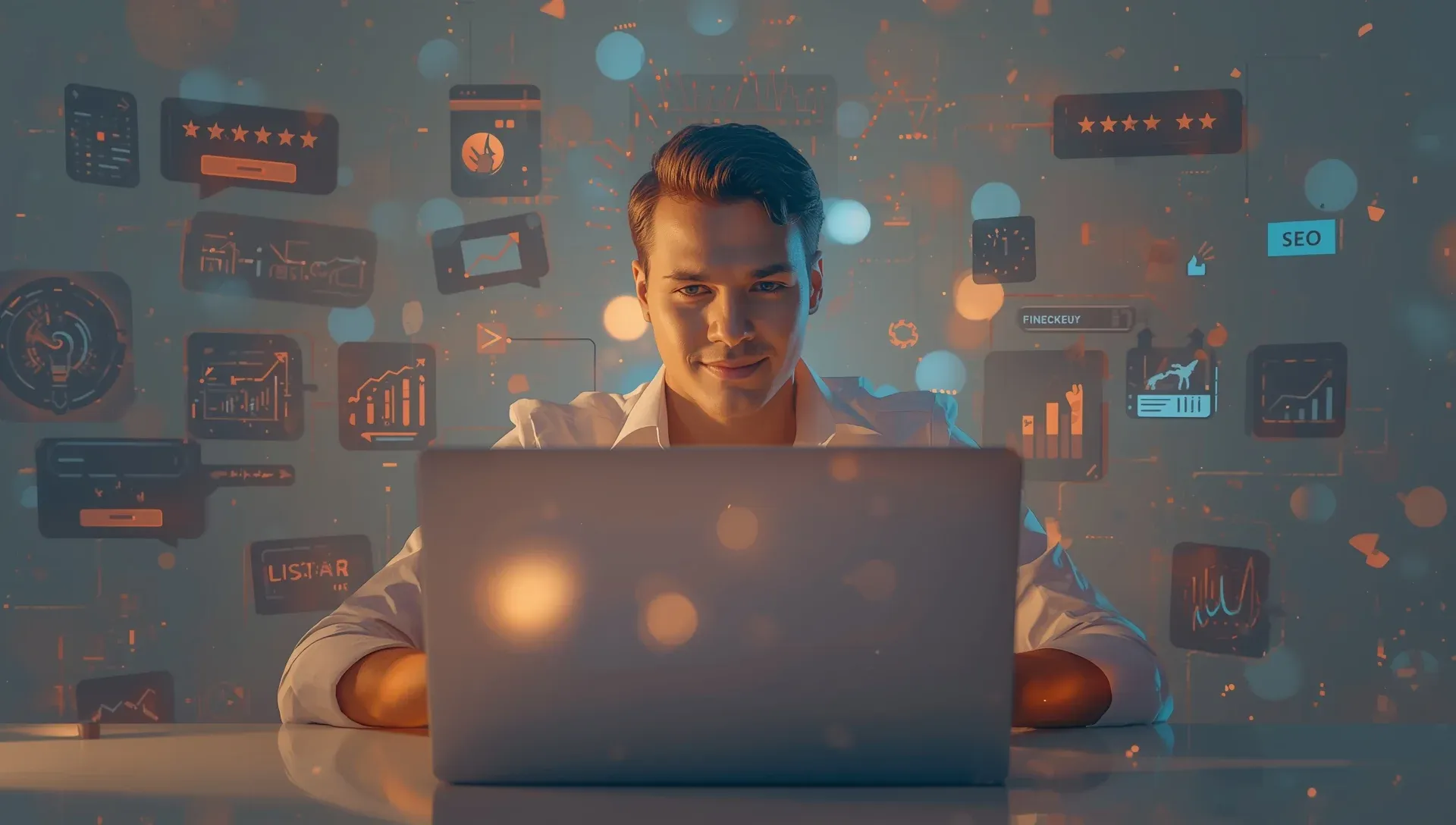 Klanten via zzp website aantrekken zonder advertenties. Zzp’er werkt aan laptop met pictogrammen voor SEO, reviews en blogs. Tekst op beeld: ‘Meer klanten zonder advertenties’.