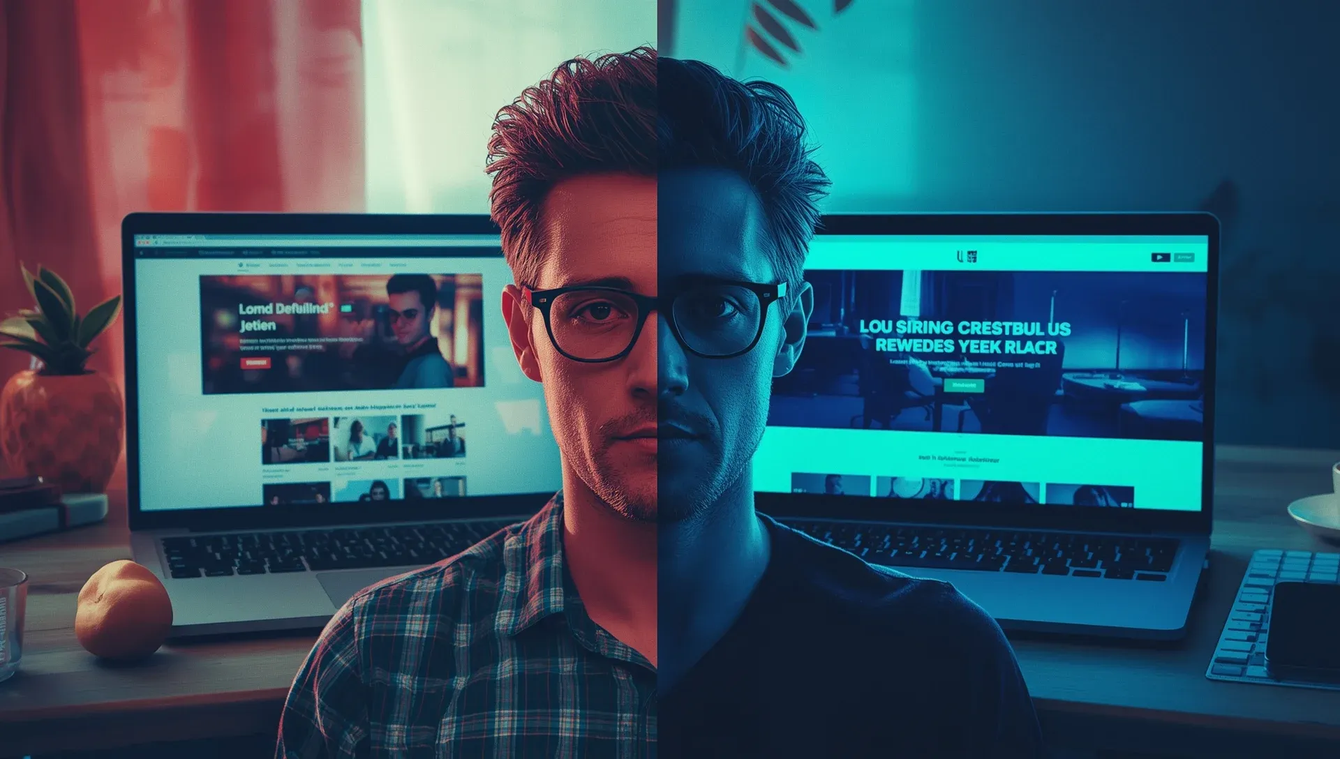 Vergelijking tussen een goedkope onprofessionele website en een strakke, professionele zzp-website op een laptop, met een Nederlandse zzp’er die beide vergelijkt. Tekst op beeld: 'Goedkoop én professioneel: het kan'